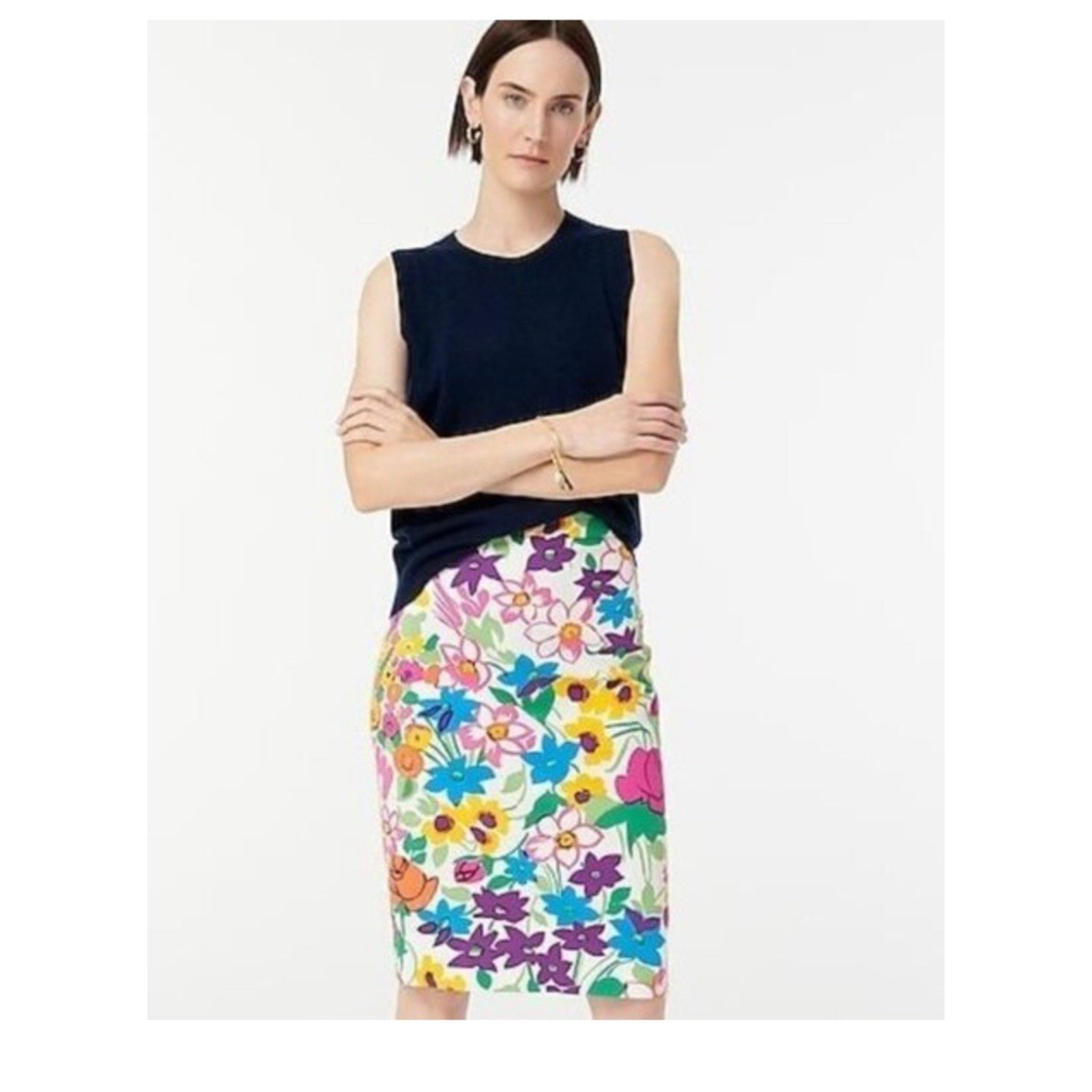 Euc J.Crew No. 2 Pencil In Ivory Vibrant Garden Floral Stretch Cotton Skirt 10